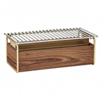 Thumbnail image #1 for Cal-Mil Mid-Century 3722-46 Rectangular Chafer Alternative, 22"W x 12"D x 7-1/2"H, Walnut Windguards, Removable Grill, Brass Frame