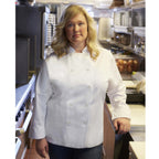 Thumbnail image #1 for Chef Works Le Mans BCW004-WHT-M Women's Double-Breasted Chef Coat, White Poly/Cotton, Long Sleeve, Medium