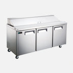 Thumbnail image #1 for Hurakan by Equip.me HKN-SPMT71R3S 3-Door Stainless Steel Mega Top Sandwich/Salad Prep Refrigerator, 30 x 1/6 Pan, Rear-Mounted Self-Contained