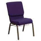 Thumbnail image #1 for Flash Furniture Hercules FD-CH02185-GV-ROY-BAS-GG Stacking Church Chair, Royal Purple Fabric Upholstery, Book Pouch, Gold Vein Frame