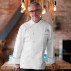 Thumbnail image #1 for Chef Works Monte Carlo ECCB-WHT-38 Double-Breasted Chef Coat, Long Sleeve, White Cotton with Black Piping, Size 38
