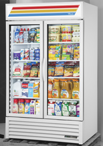 Product image #7 for True Two-Section Glass Door Merchandiser Refrigerator with Hinged Low-E Glass Doors and 8 Shelves