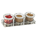 Thumbnail image #1 for Cal-Mil 1850-4-55HL Cold Condiment Display, 3 Compartments, Stainless Steel Base, Glass Jars with Hinged Lids