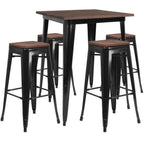 Thumbnail image #1 for Flash Furniture CH-WD-TBCH-20-GG Square Table and 4 Backless Stools Set, Elm Wood Top, Galvanized Steel Frame, Black