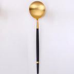 Thumbnail image #1 for Kadra Kitchenware Vikko Dine VF-SS50-OGB Bouillon Spoon, Brushed Gold 18/10 Stainless Steel, Oak Handle Case of 12