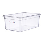 Thumbnail image #1 for CFS Brands Araven 09845 GN 1/1 Clear Polycarbonate Food Pan, 8" Deep, with Integrated Label Case of 6