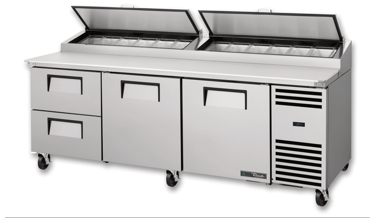 Product image #6 for True 93.5-Inch 2-Section Pizza Prep Table with 2 Drawers, 2 Doors, and White Poly Cutting Board