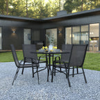 Thumbnail image #2 for Flash Furniture TLH-073A2303C-GG 5-Piece Outdoor Patio Dining Set with 31.5-Inch Square Tempered Glass Table and 4 Black Stack Chairs