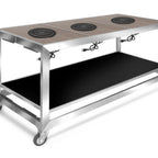 Thumbnail image #1 for Eastern Tabletop Hub Buffet HK945S6GGS Induction Buffet Banquet Table, 3 Burners, Mobile Open Design with Undershelf, 66-3/4"W x 31-1/2"D