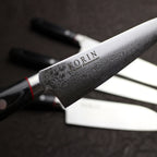 Thumbnail image #2 for Korin Inc HKR-DMSU-210 Sujihiki Slicer, 8-1/4-Inch, Damascus V10 Steel, 50/50 Beveled Edge, Black Paper Micarta Handle