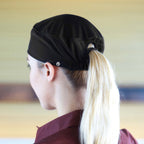 Thumbnail image #1 for Chef Works DFAOW-BLK-LXL Women's Black Polyester Chef Beanie with Ponytail Opening, Sweat Guard, L-XL