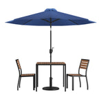 Thumbnail image #1 for Flash Furniture XU-DG-810060362-UB19BNV-GG 35" Square Patio Dining Table Set with Synthetic Teak Slotted Top, Navy Umbrella, Base and 2 Chairs