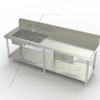 Thumbnail image #1 for AERO Manufacturing PT-48 48" 2-Compartment Stainless Steel Sink Work Table, 30"D x 45"H, 10" Backsplash, Open Undershelf
