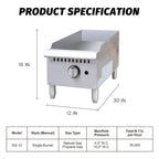 Thumbnail image #2 for Hakka Brothers Corp EasyRose HB-GG-12T Gas Countertop Commercial Griddle, 12"W, 3/4" Stainless Steel Plate, Adjustable Temperature