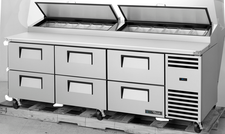 Product image #5 for True 93.5-Inch 3-Section Pizza Prep Table with 6 Drawers and Self-Contained Refrigeration