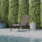 Thumbnail image #2 for Flash Furniture JJ-LC323-BLK-BR-GG Outdoor Adjustable Chaise Lounge Chair with Arms, Black Textilene, Brown Steel Frame, 5-Position Recline