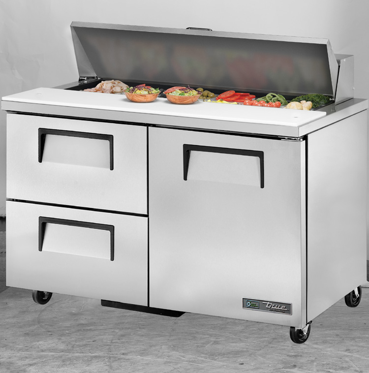 Product image #5 for True 48-Inch Stainless Steel Sandwich/Salad Prep Table Refrigerator with 1 Door, 2 Drawers, and 12 Sixth-Size Pan Top
