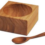 Thumbnail image #2 for JB Prince RB137 Square Teak Wood Salt Cellar with Spoon, 2-3/4"L x 2-3/4"W x 1-1/2"H