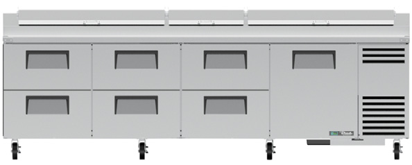 Product image #6 for True 119-1/4-Inch 4-Section Pizza Prep Table with 1 Door, 6 Drawers, and Self-Contained Side-Mounted Refrigeration