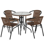 Thumbnail image #1 for Flash Furniture TLH-087RD-037BN4-GG 28-Inch Round Glass-Top Table and 4 Stacking Armchairs Set, Dark Brown Rattan, Black Metal Frames