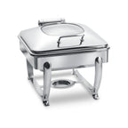 Thumbnail image #1 for Eastern Tabletop Park Avenue 3914G/S 6 qt Square Stainless Steel Induction Chafing Dish with Hinged Glass Dome Lid and Stand