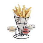 Thumbnail image #1 for G.E.T. Specialty Servingware 4-361843 Iron Cone Fry Basket with 3 Condiment Cup Holders, Black, 5" x 7" Case of 12