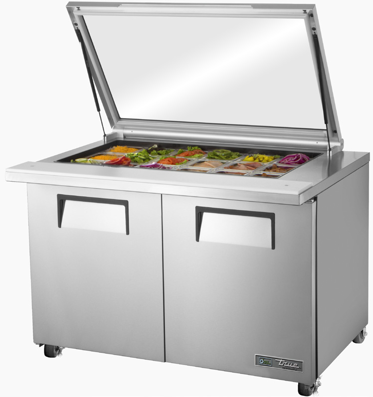 Product image #5 for True 48 3/8-Inch Wide Mega-Top Sandwich/Salad Refrigerated Prep Table with Flat Glass Lid, 2 Solid Doors, 18-Pan Capacity