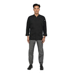 Thumbnail image #1 for Chef Works Valencia CES04-BLK-S Unisex Black Small Long-Sleeve Single-Breasted Knit Chef Coat, Stretch Poly/Cotton Twill