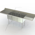 Thumbnail image #1 for AERO Manufacturing MF3-3020-24LR 3-Compartment Stainless Steel Sink, 111"W, 20"W x 30"D x 14" Deep Compartments, Left/Right 24" Drainboards
