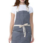 Thumbnail image #1 for Chef Works ABN06-IBS-0 Bib Apron, Indigo Blue Stripe, 100% Cotton, 2 Pockets, Adjustable Neck Closure