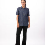 Thumbnail image #1 for Chef Works Detroit SHC03W-IBL-L Women's Short-Sleeve Chef Shirt, Snap-Front, Thermometer Pocket, Indigo Blue, Large