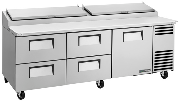 Product image #9 for True 93.5-Inch Self-Contained Refrigerated Pizza Prep Table with 1 Door and 4 Drawers