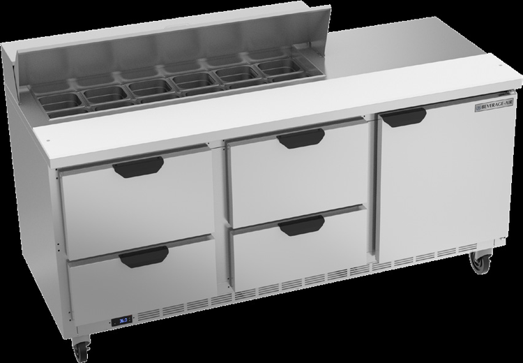 Product image #6 for Beverage-Air 72-Inch Three-Section Sandwich Prep Table Refrigerator with 12-Pan Top, 4 Drawers, and 1 Door