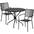 Thumbnail image #1 for Flash Furniture CO-35RD-02CHR2-BK-GG Patio Table Set with Round Rain Flower Table and 2 Stacking Arm Chairs, Black Steel