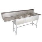 Thumbnail image #1 for Tarrison Products Ltd. TA-PS318L-KIT 3-Compartment Stainless Steel Sink, 75"W x 24"D x 45"H, Left Drainboard, 18 Gauge, Galvanized Legs
