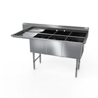 Thumbnail image #1 for NBR Equipment 3SS-162014L18 Three-Compartment Stainless Steel Sink, Left Drainboard, 16 Gauge, 70-3/16"W x 25-1/2"D x 44-1/16"H
