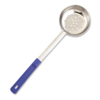Thumbnail image #1 for Browne USA Foodservice 5757481 8 oz Perforated Portion Control Serving Spoon, Stainless Steel with Blue Polypropylene Handle, 10-4/5"L