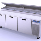 Thumbnail image #1 for Randell Food Preparation RP95CRR-N26-PCB 95-Inch Three-Section Refrigerated Raised Rail Prep Table, 3 Doors, Stainless Steel, Poly Cutting Board