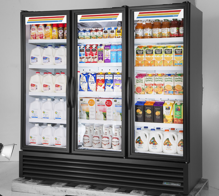 Product image #5 for True Three-Section Full-Length Glass Door Refrigerated Merchandiser with 12 Shelves, Black Exterior