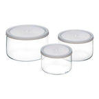 Thumbnail image #1 for Kadra Kitchenware Simax SX-115 3-Piece Round Clear Glass Food Storage Container Set with Plastic Lids, 0.4/0.9/1.5 qt Case of 12