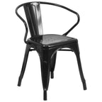 Thumbnail image #1 for Flash Furniture CH-31270-BK-GG Commercial Outdoor Metal Armchair, Black, Curved Vertical-Slat Back, Drain-Hole Seat