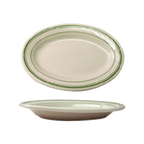 Thumbnail image #1 for International Tableware Verona VE-33 Ceramic Oval Platter, 7-1/8" x 4-1/2", Rolled Edge, American White with Green Band Case of 3 Dozen