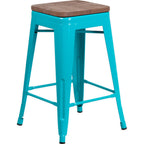 Thumbnail image #1 for Flash Furniture ET-BT3503-24-CB-WD-GG Counter-Height Backless Bar Stool, Teal Blue Galvanized Steel, Textured Wood Seat