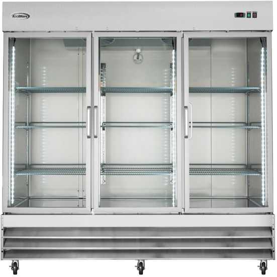 Product image #6 for KoolMore 81-Inch Three-Section Glass Door Reach-In Refrigerator, 72 Cu. Ft., Bottom-Mount Self-Contained
