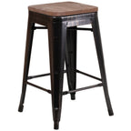 Thumbnail image #1 for Flash Furniture CH-31320-24-BQ-WD-GG Counter-Height Backless Bar Stool, Textured Wood Seat, Galvanized Steel Frame
