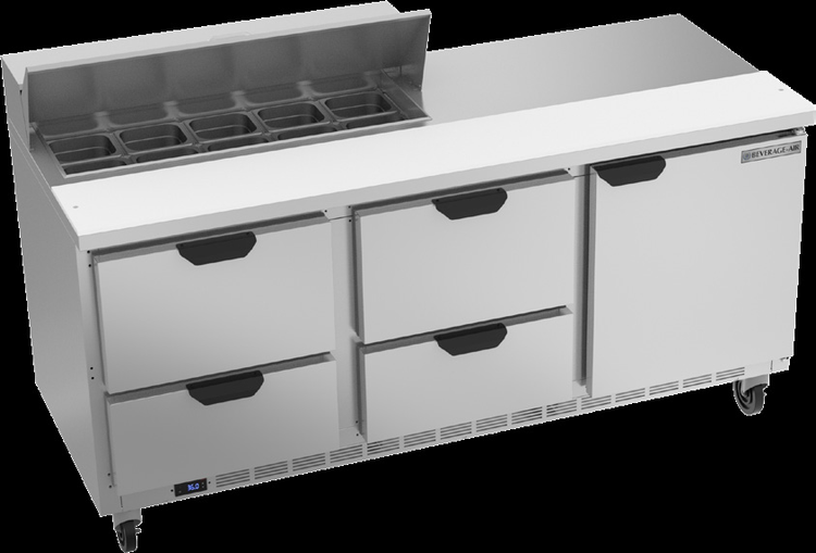 Product image #6 for Beverage-Air 72-Inch Three-Section Sandwich Prep Table Refrigerator with 4 Drawers, 1 Door, and 10-Pan Top