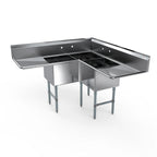 Thumbnail image #1 for NBR Equipment 3CSG-181814LR24 Three-Compartment Corner Sink, 18-Gauge 304 Stainless Steel, 18" Compartments, 24" Drainboards