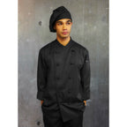 Thumbnail image #1 for Chef Works Montpellier COBL-BLK-L Double-Breasted Long-Sleeve Chef Coat with Thermometer Pocket, Poly/Cotton, Black, Large