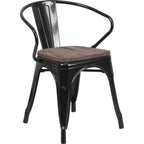 Thumbnail image #1 for Flash Furniture CH-31270-BK-WD-GG Stackable Armchair, Black Metal Curved Slat Back, Wood Seat, Integrated Arms