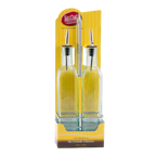 Thumbnail image #1 for TableCraft Products Prima H916N Popcorn Oil Bottle Set, 2 17 oz Green Tint Glass Bottles with Stainless Pourers and Chrome Rack Case of 6